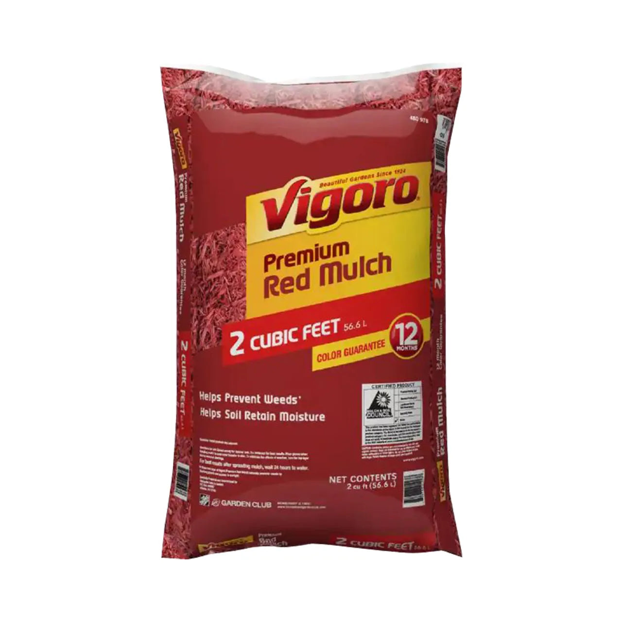 A 2 cu. ft. Bagged Premium Red Wood Mulch by Go Build, The Fastest Way To Build, features weed prevention, moisture retention, and 12-month color guarantee—ideal for landscapes with red packaging and yellow/white text.